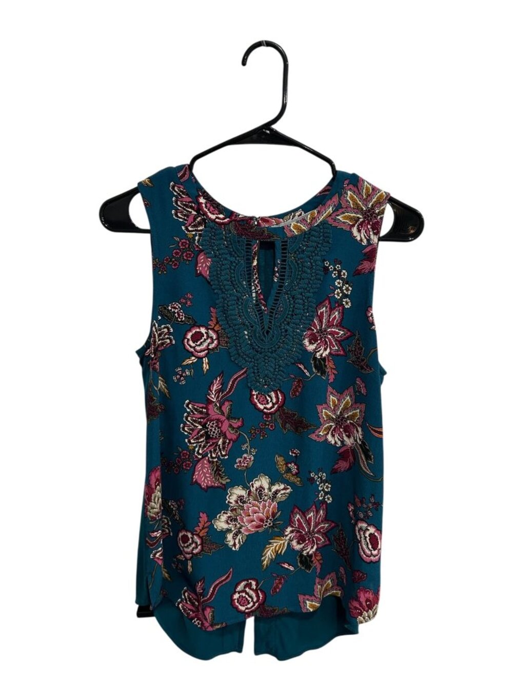 Daniel Rainn Medium Teal Floral Sleeveless Blouse Crochet Detail Cottagecore Boh